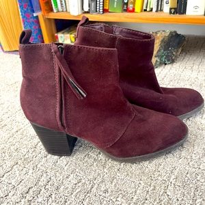Wine Suede heels with zipper on side.